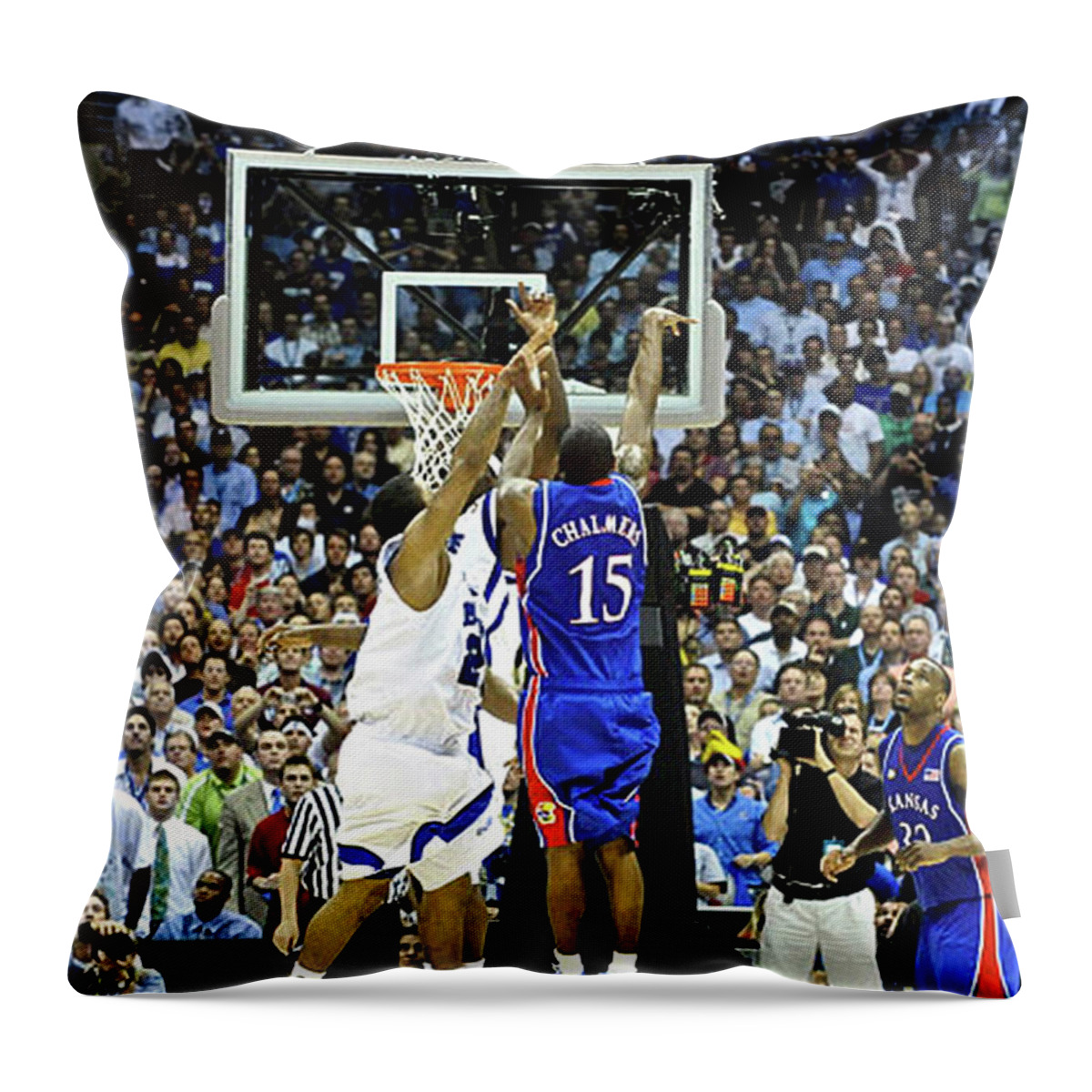 3.1 Seconds On The Shot Clock Throw Pillow featuring the photograph The shot, 3.1 seconds, Mario Chalmers magic, Kansas Basketball 2008 NCAA championship by Thomas Pollart