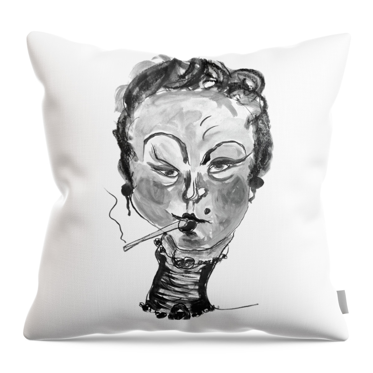 Marian Voicu Throw Pillow featuring the painting The Smoker - Black and White by Marian Voicu