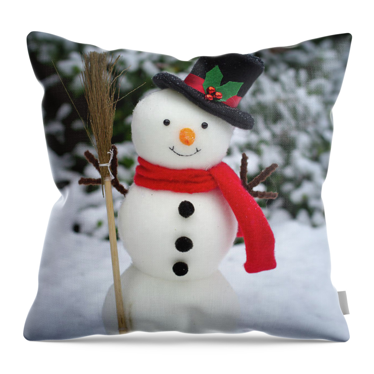 Broom Throw Pillow featuring the photograph The snowman on snowy ground by William Lee