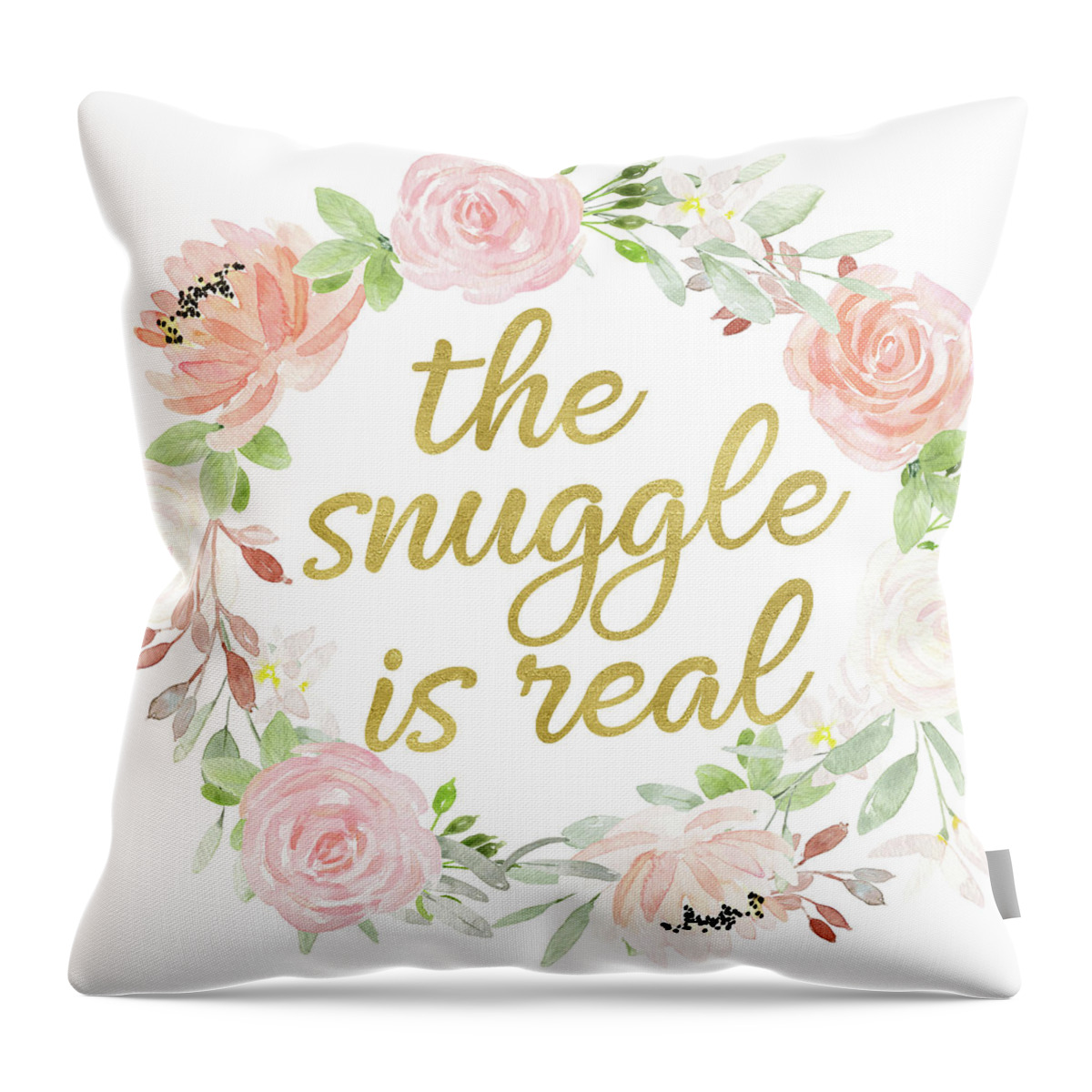The Snuggle Is Real Throw Pillow featuring the digital art The Snuggle Is Real Wall Art Baby Girl Nursery Pillow Boho Blush Gold by Pink Forest Cafe