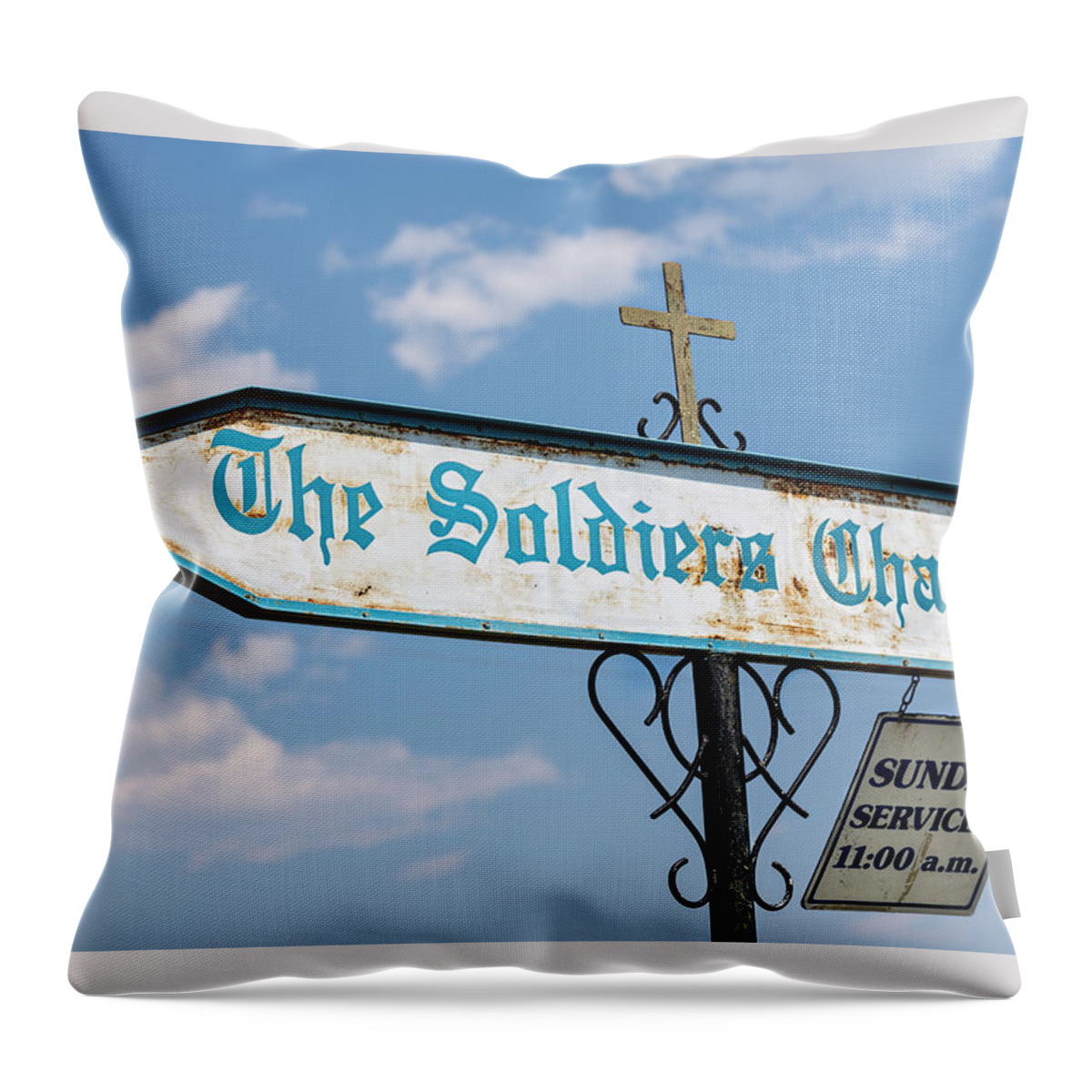 The Soldiers Chapel Throw Pillow featuring the photograph The Soldiers Chapel Sign by Mark Harrington