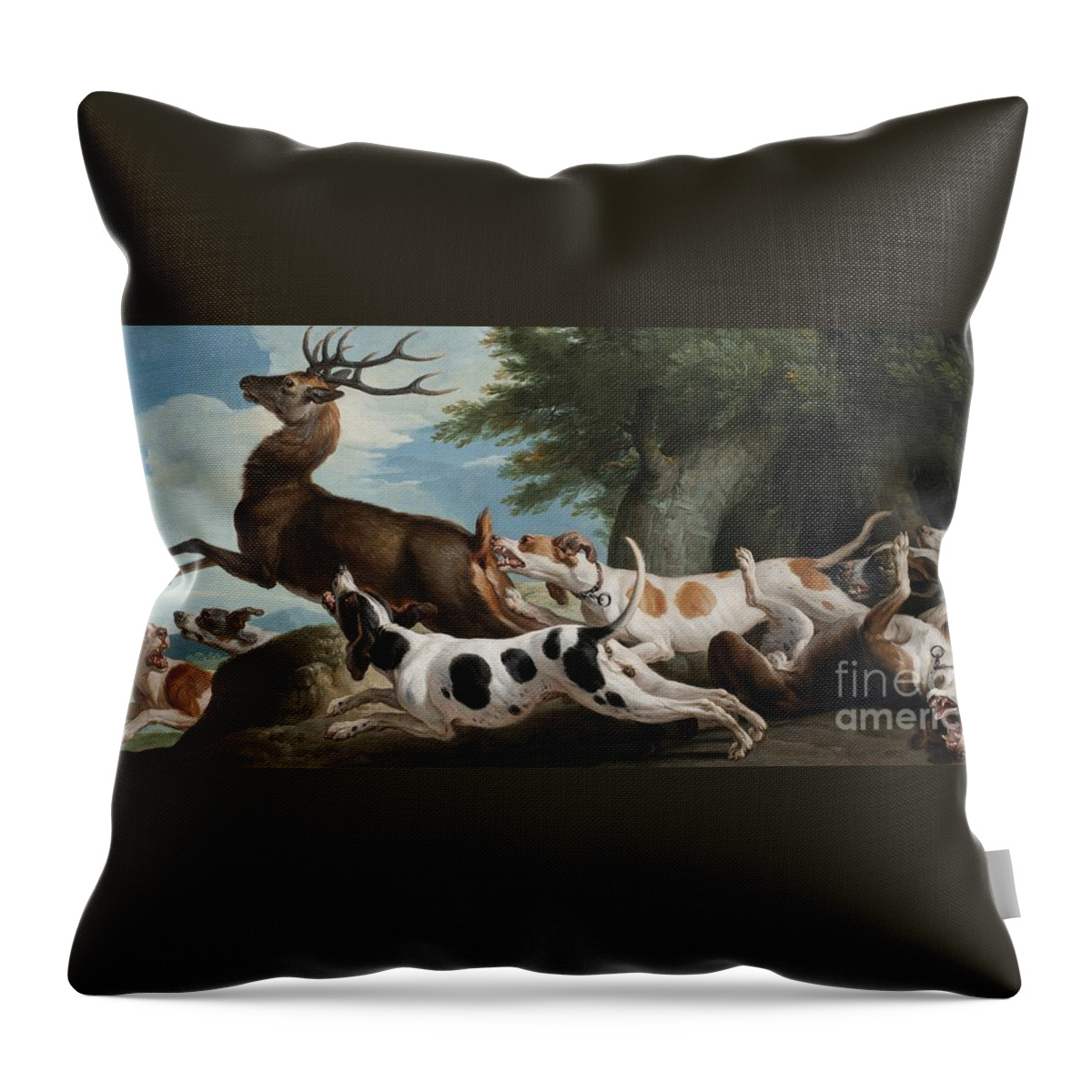 Francois Desportes ; The Stag Hunt Throw Pillow featuring the painting The Stag Hunt by MotionAge Designs