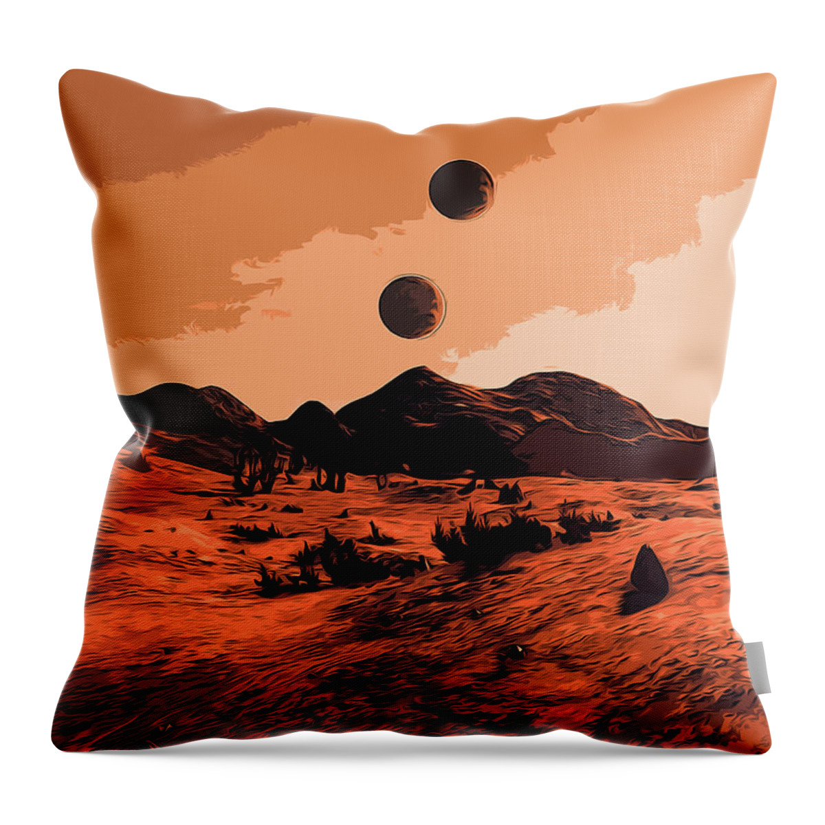 Desert Planet Throw Pillow featuring the painting The strange planet with two Moons by AM FineArtPrints