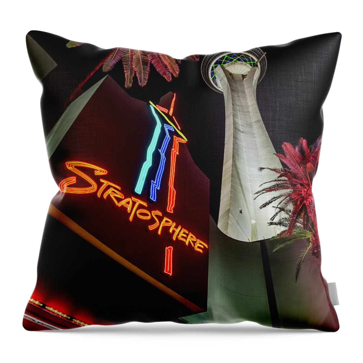 The Stratosphere Throw Pillow featuring the photograph The Stratosphere Tower Entrance by Aloha Art