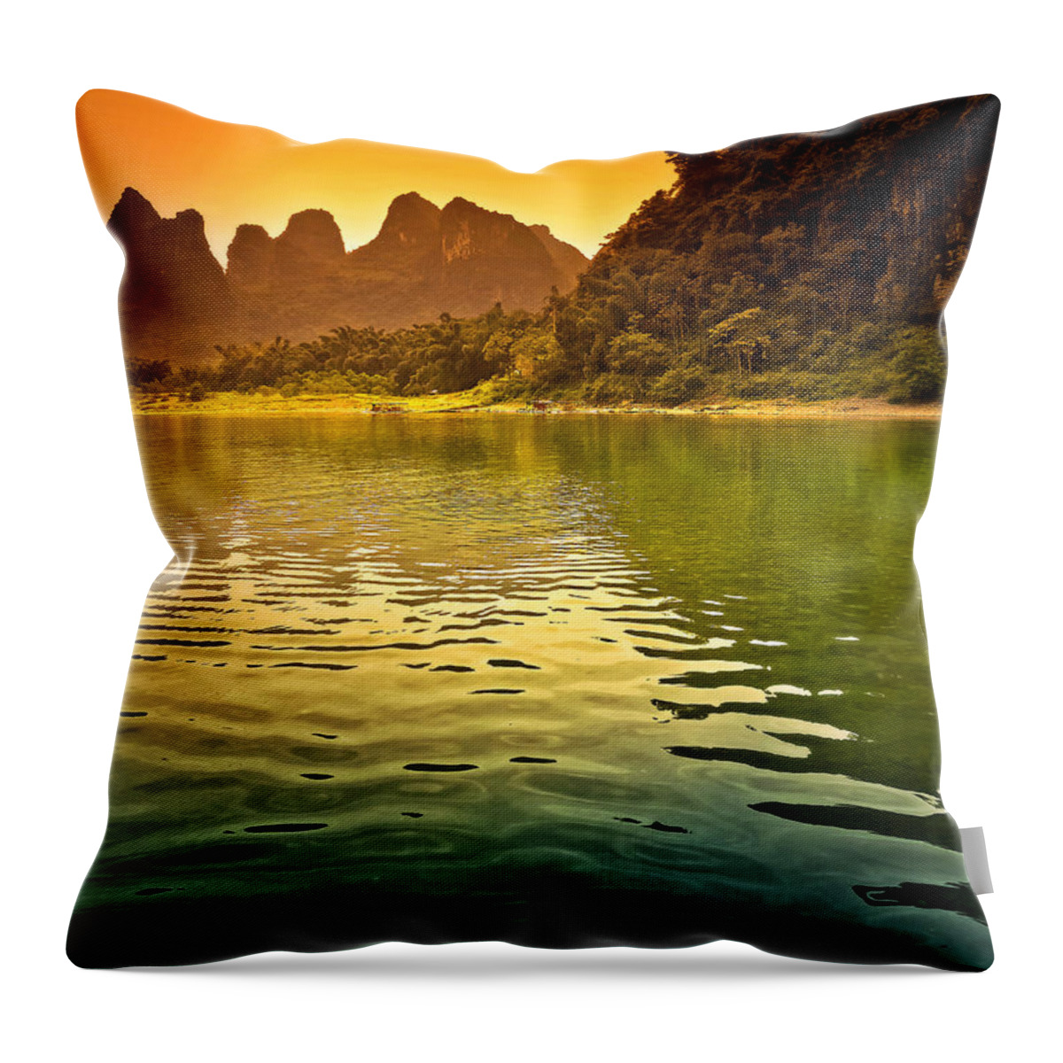 Sunset Throw Pillow featuring the photograph The sun goes down on the mountain-China Guilin scenery Lijiang River in Yangshuo by Artto Pan