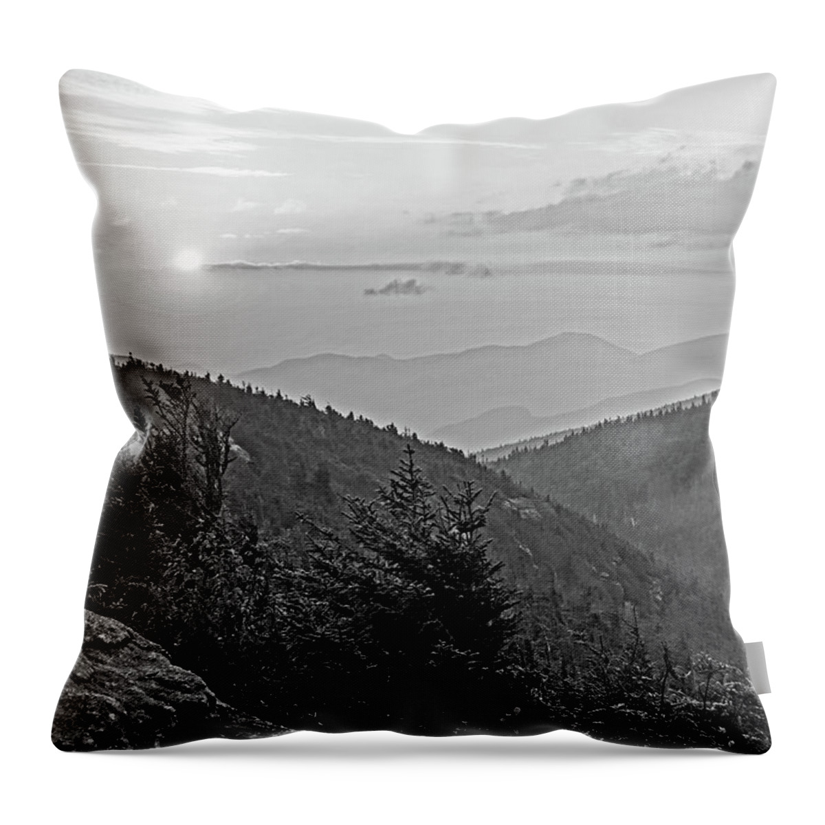 Adirondacks Throw Pillow featuring the photograph The Sunrise from Phelps Mountain Summit in the Adirondacks Black and White by Toby McGuire