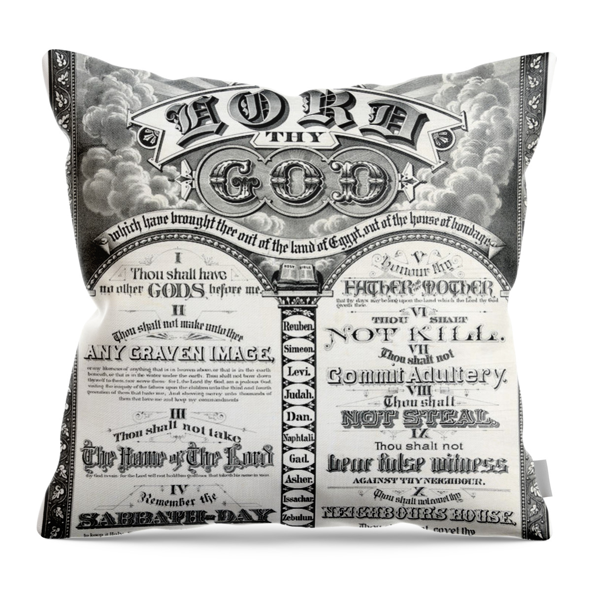 Christian Throw Pillow featuring the drawing The Ten Commandments 1876 Vintage Poster Restored by Vintage Treasure