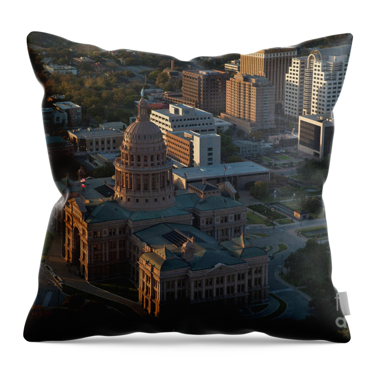 Texas State Capitol Throw Pillow featuring the photograph The Texas State Capitol Building, in Austin Texas, photographed in the warm afternoon sunset by Dan Herron