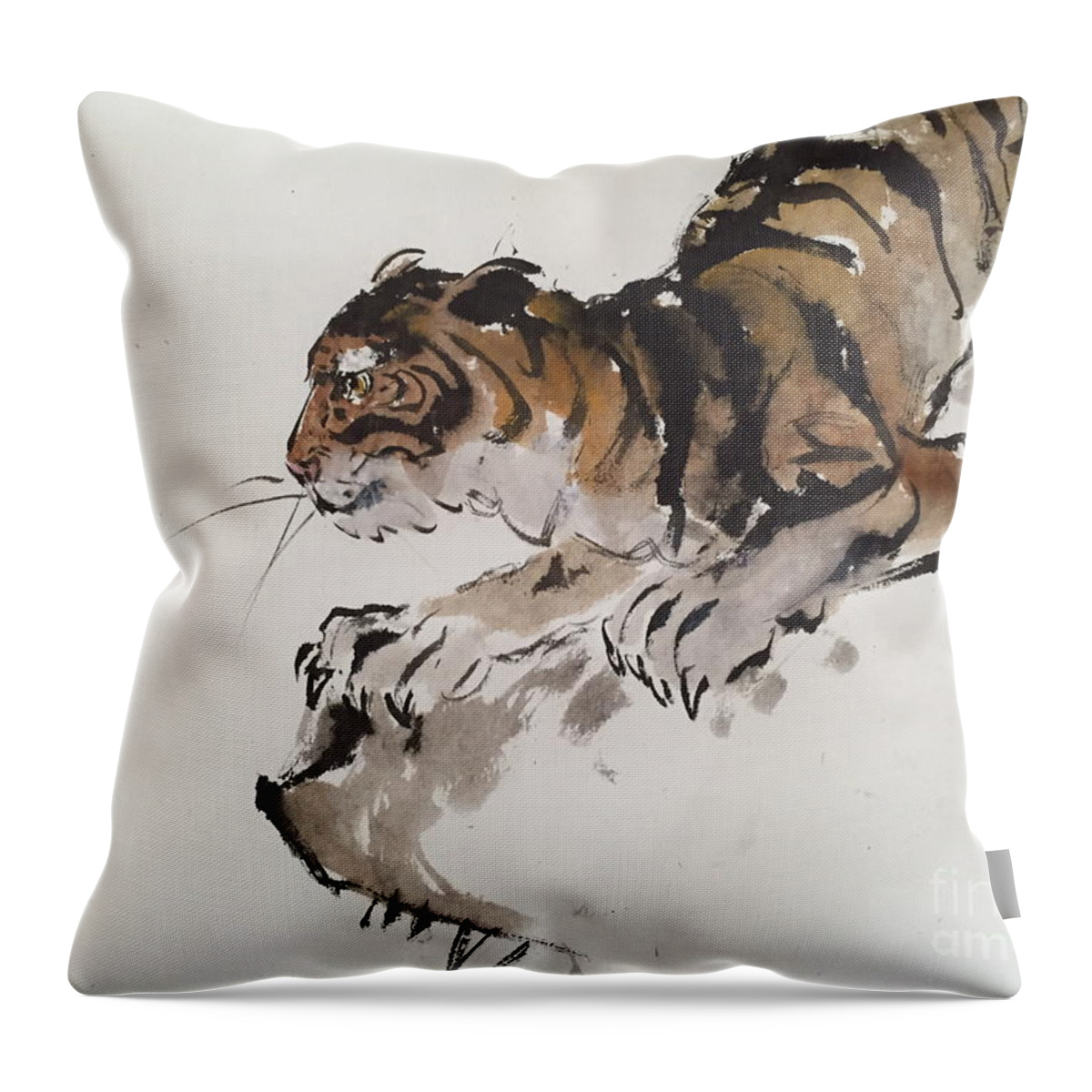  Tiger At Rest Throw Pillow featuring the painting Tiger At Rest by Fereshteh Stoecklein