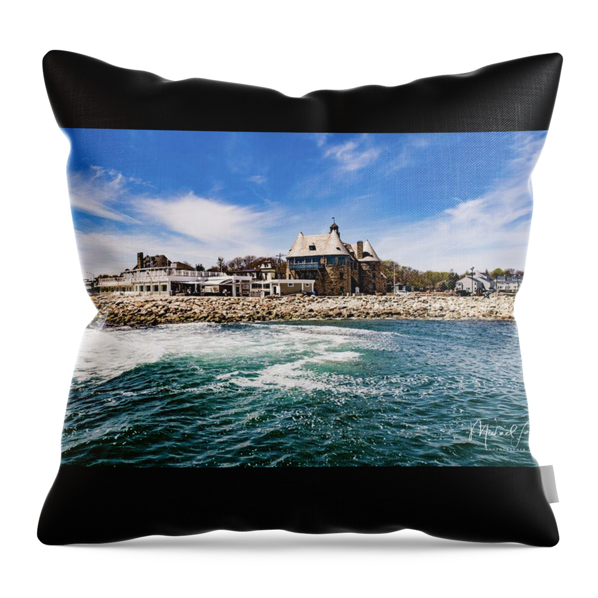 The Towers Throw Pillow featuring the photograph The Towers of Narragansett by Veterans Aerial Media LLC