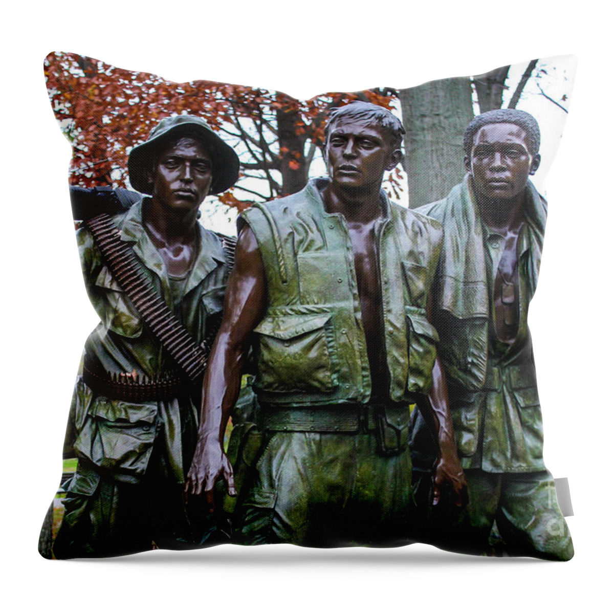 This Is A Photo Of The Three Soldiers In Washington D.c. Dedicated To The Soldiers Of The Vietnam War. This Well-known Sculpture By Frederick Hart Portrays Three Young Uniformed American Soldiers. While The Military Attire Is Meant To Be Symbolic And General In Nature Throw Pillow featuring the photograph The Three Soldiers #1 by Bill Rogers