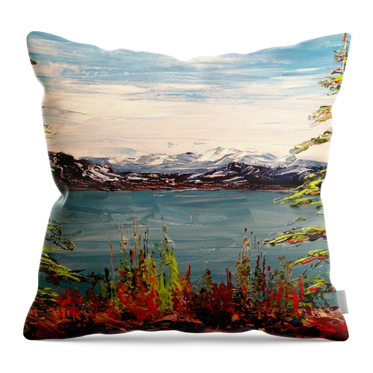 Abstract Landscape Painting Throw Pillow featuring the painting The View Between the Pines by Desmond Raymond