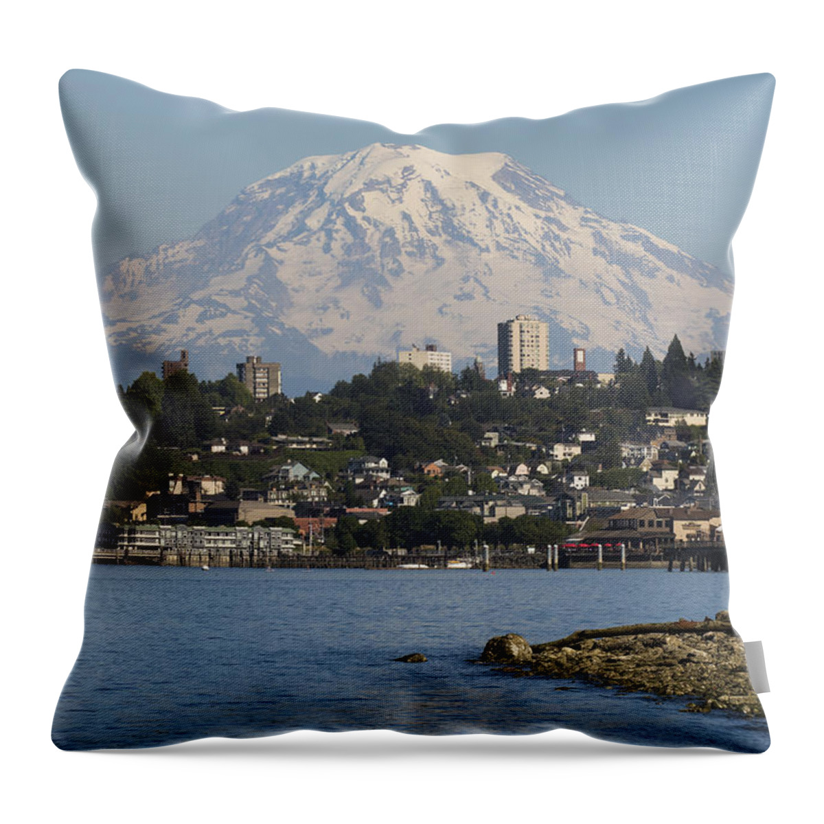 Mount Rainier Throw Pillow featuring the photograph The view of Mount Rainier from Ruston Way by Matt McDonald