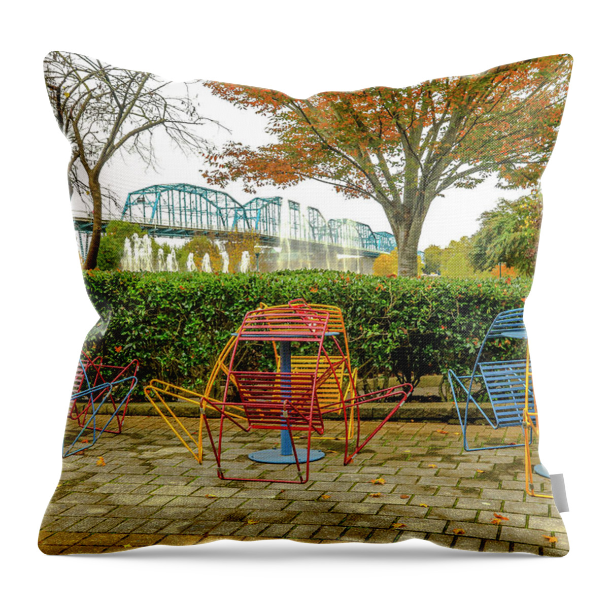 Chattanooga Throw Pillow featuring the photograph The Walnut St Bridge from the Park # 2 by Tom and Pat Cory