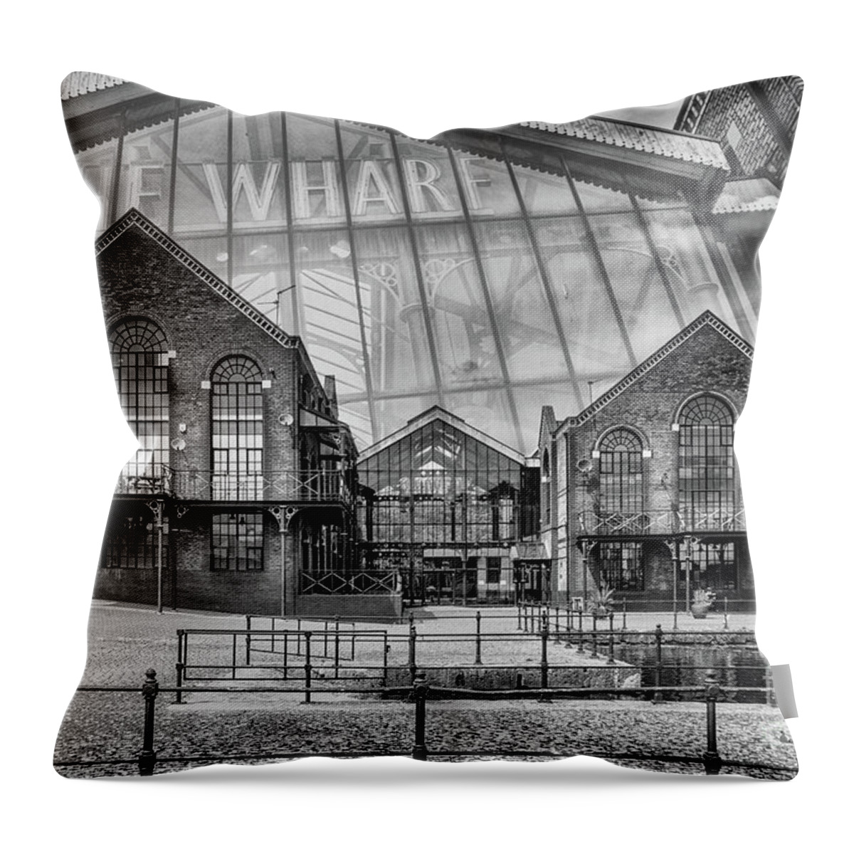 The Wharf Throw Pillow featuring the photograph The Wharf Cardiff Bay Mono by Steve Purnell