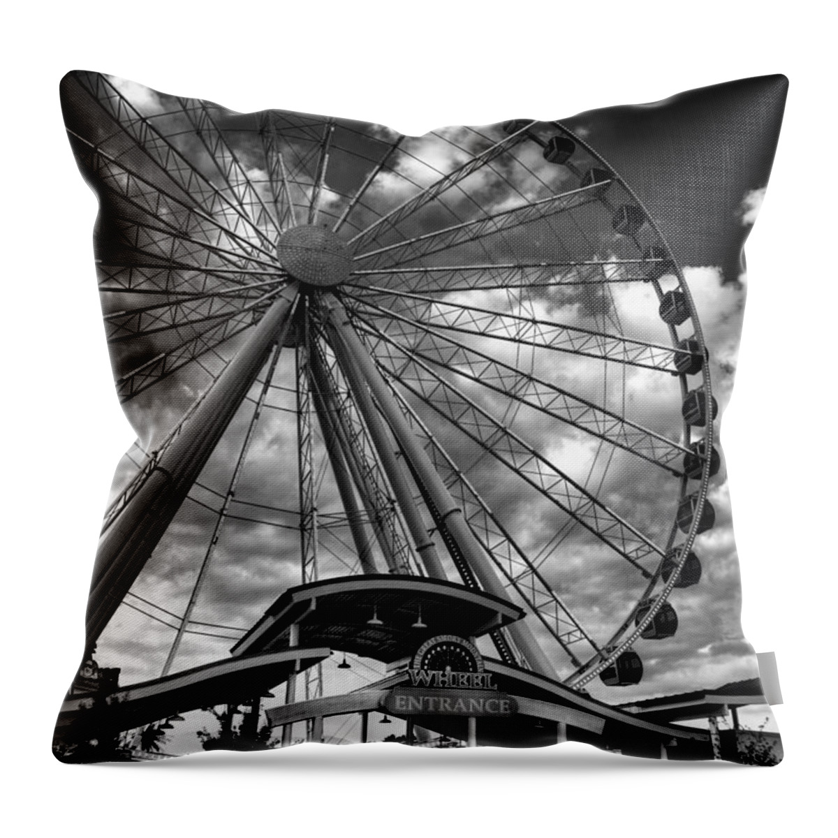 The Great Smoky Mountain Wheel Throw Pillow featuring the photograph The Wheel Entrance in Black and White by Greg and Chrystal Mimbs