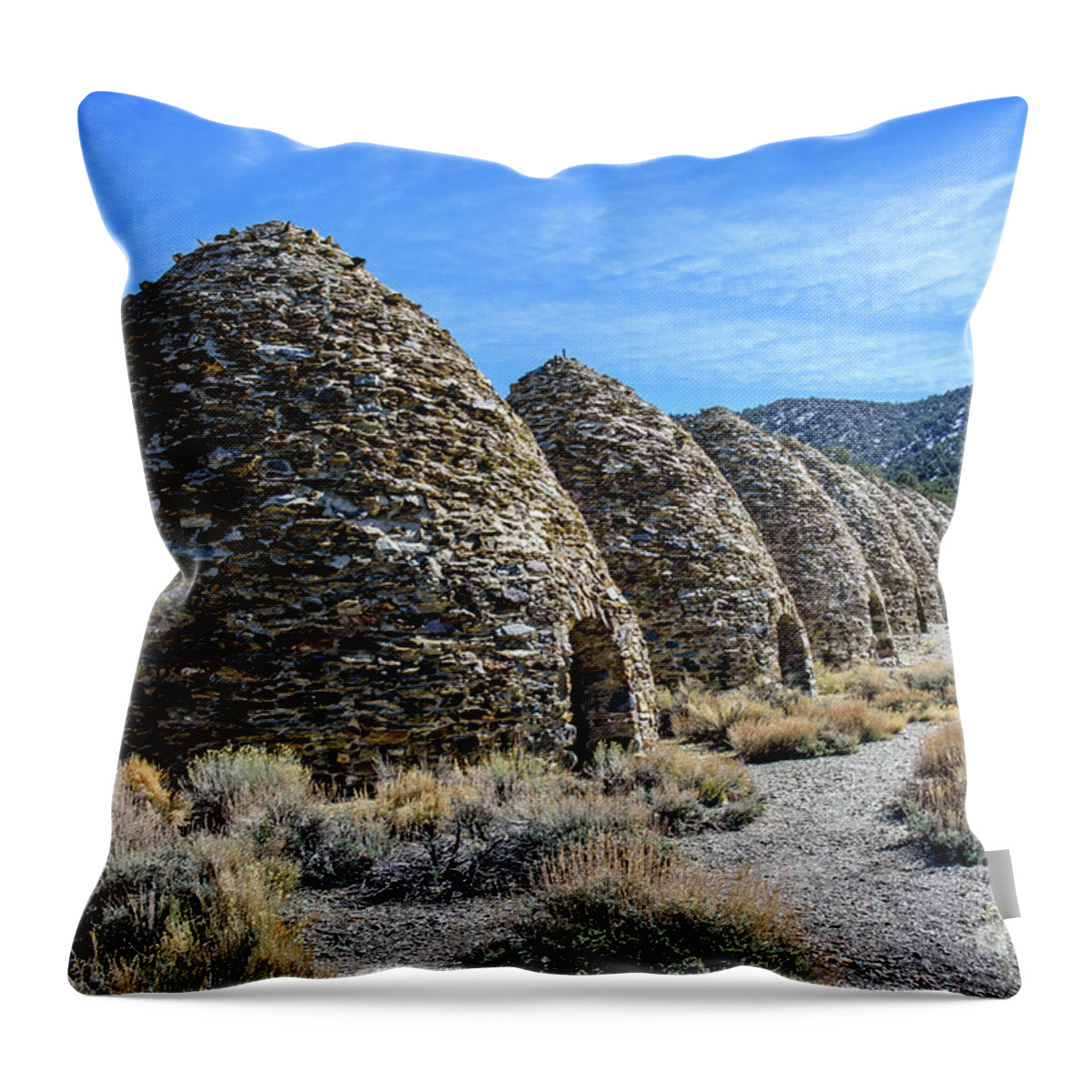 Adventure Throw Pillow featuring the photograph The Wildrose Charcoal Kilns by Charles Dobbs