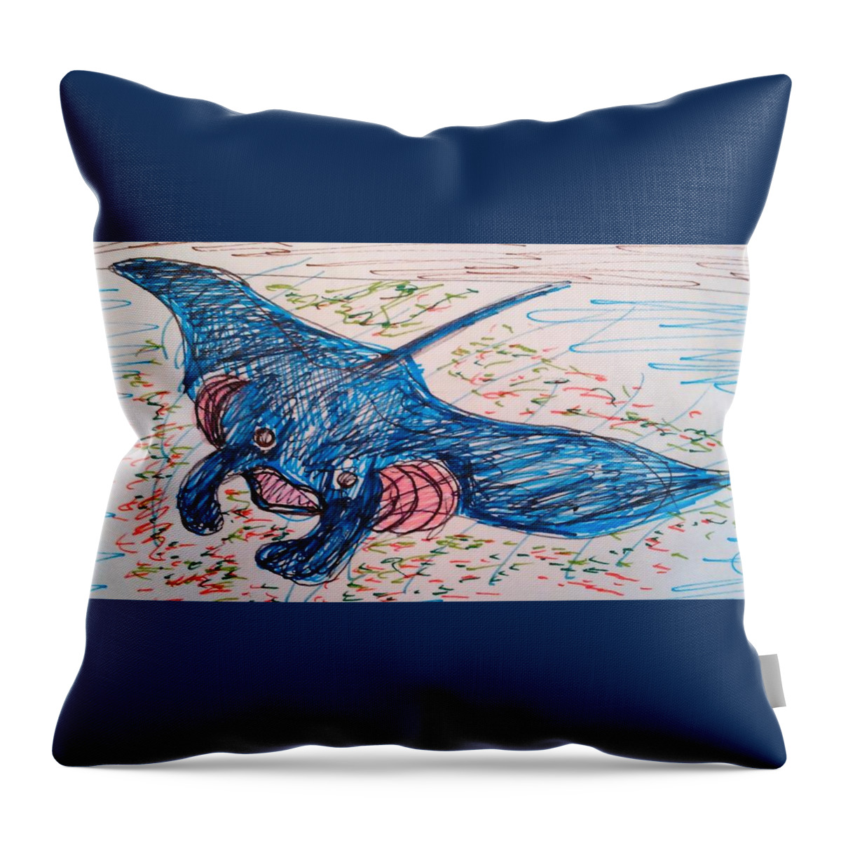Manta Ray Throw Pillow featuring the drawing The Wise Manta by Andrew Blitman