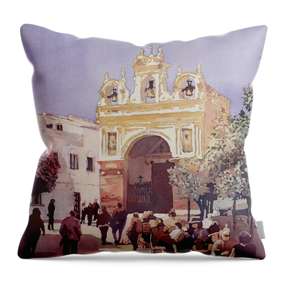 Torre Del Roloj Throw Pillow featuring the painting The Yellow Church by Jenny Armitage