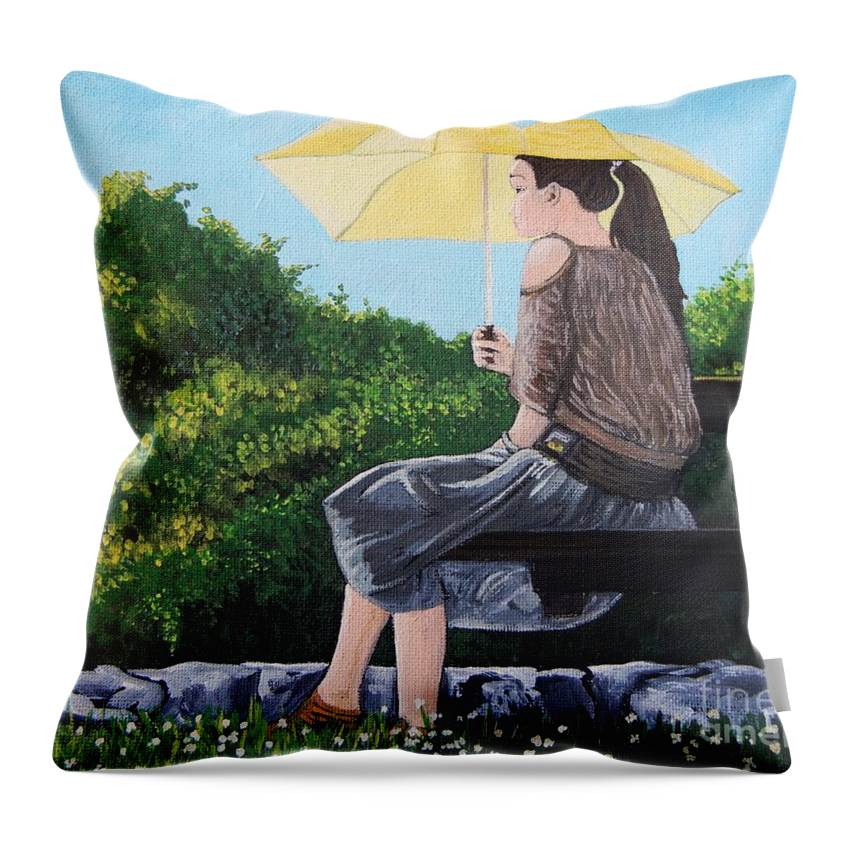 Park Scenes Throw Pillow featuring the painting The Yellow Umbrella by Reb Frost