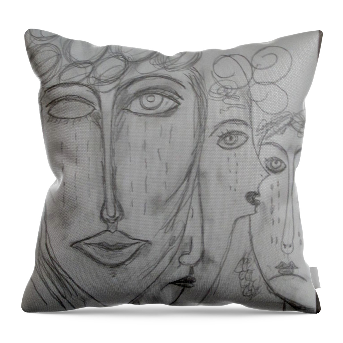 Abstract Children Hunger War Compassion Caring Drawing Black White Throw Pillow featuring the drawing There Are Hungry Children by Sharyn Winters