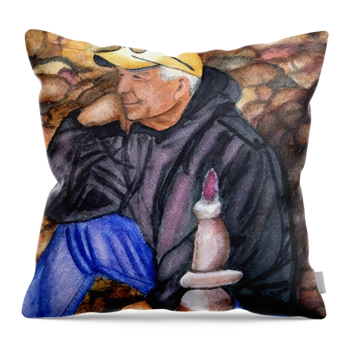 Man Throw Pillow featuring the painting Thinking Among His Rocks by Sue Carmony