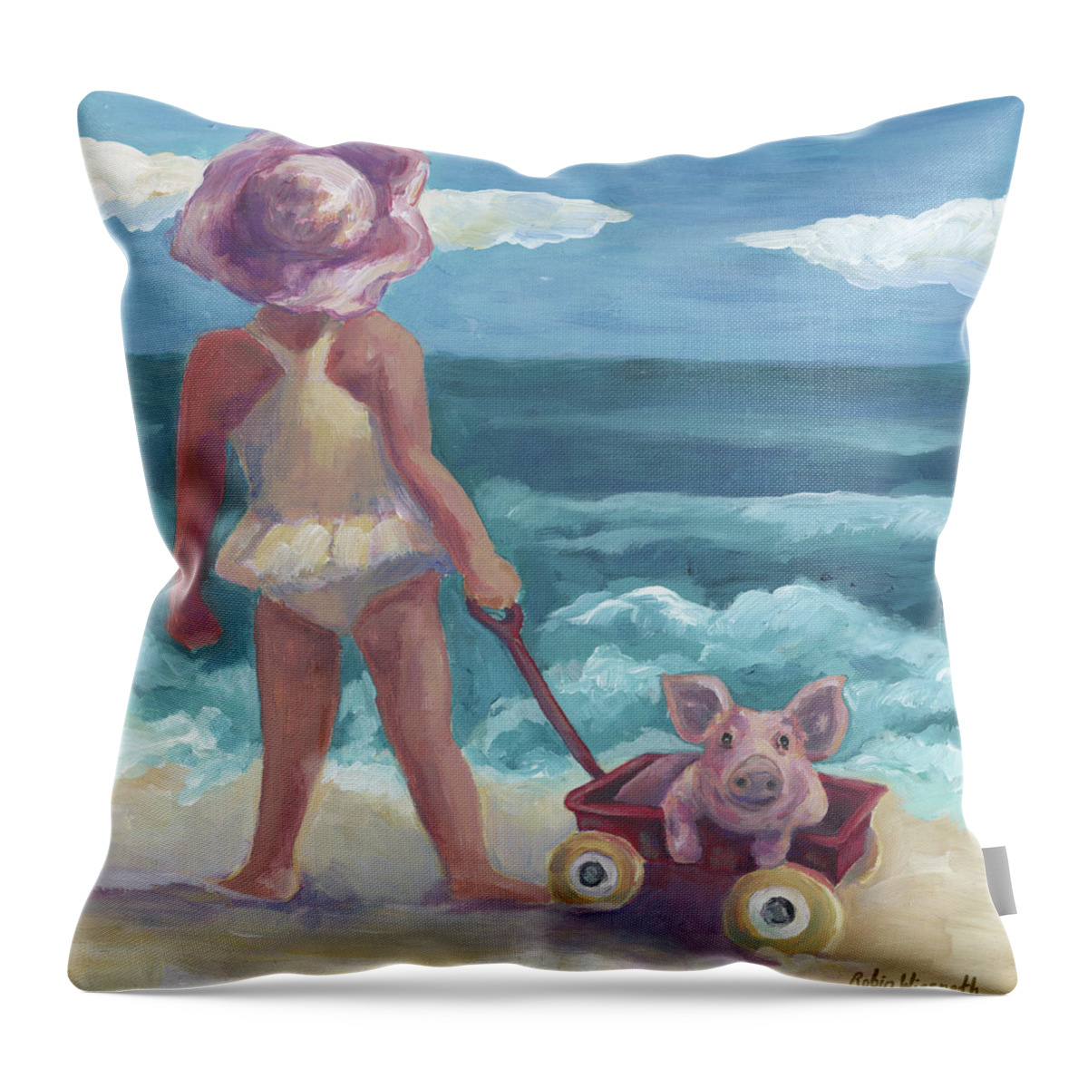 Pig Throw Pillow featuring the painting This Little Pig by Robin Wiesneth