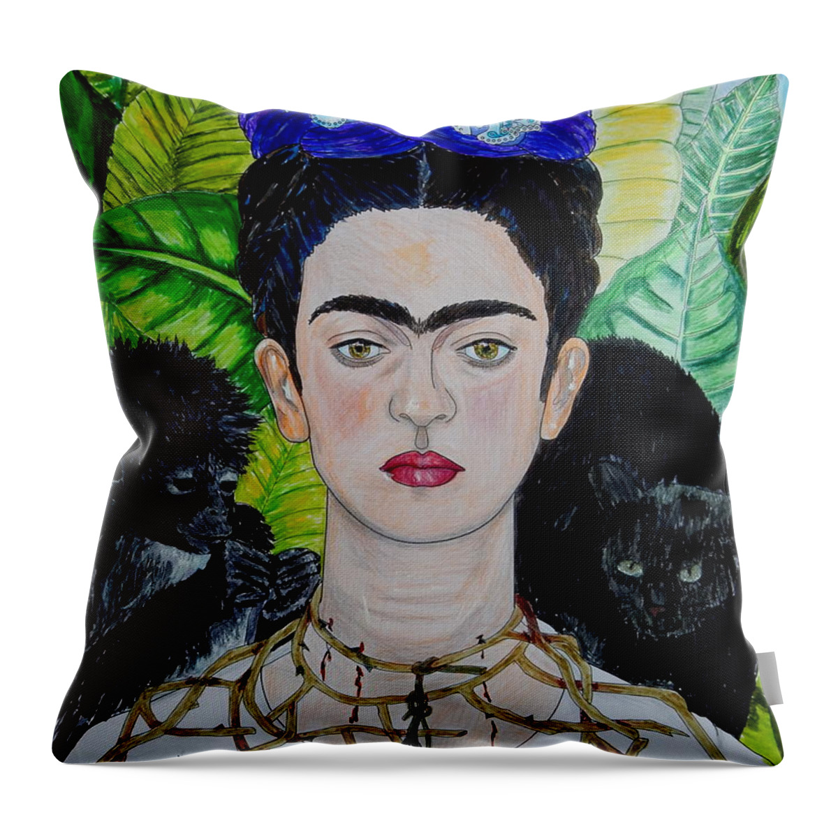 Frida Kahlo Throw Pillow featuring the mixed media Thorn Necklace and Hummingbird after Frida Kahlo by Betty-Anne McDonald