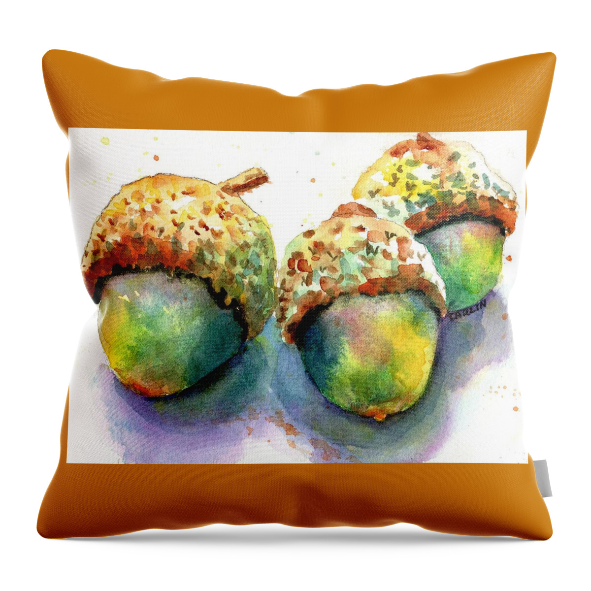 Acorn Throw Pillow featuring the painting Three Acorns by Carlin Blahnik CarlinArtWatercolor