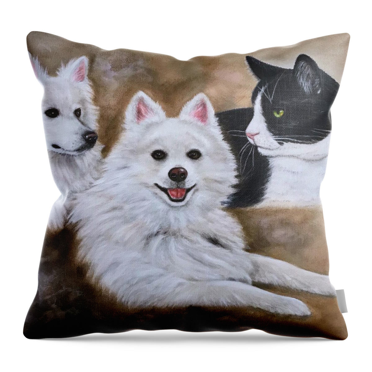 American Eskimo Dog Throw Pillow featuring the painting Three Amigos by Dr Pat Gehr