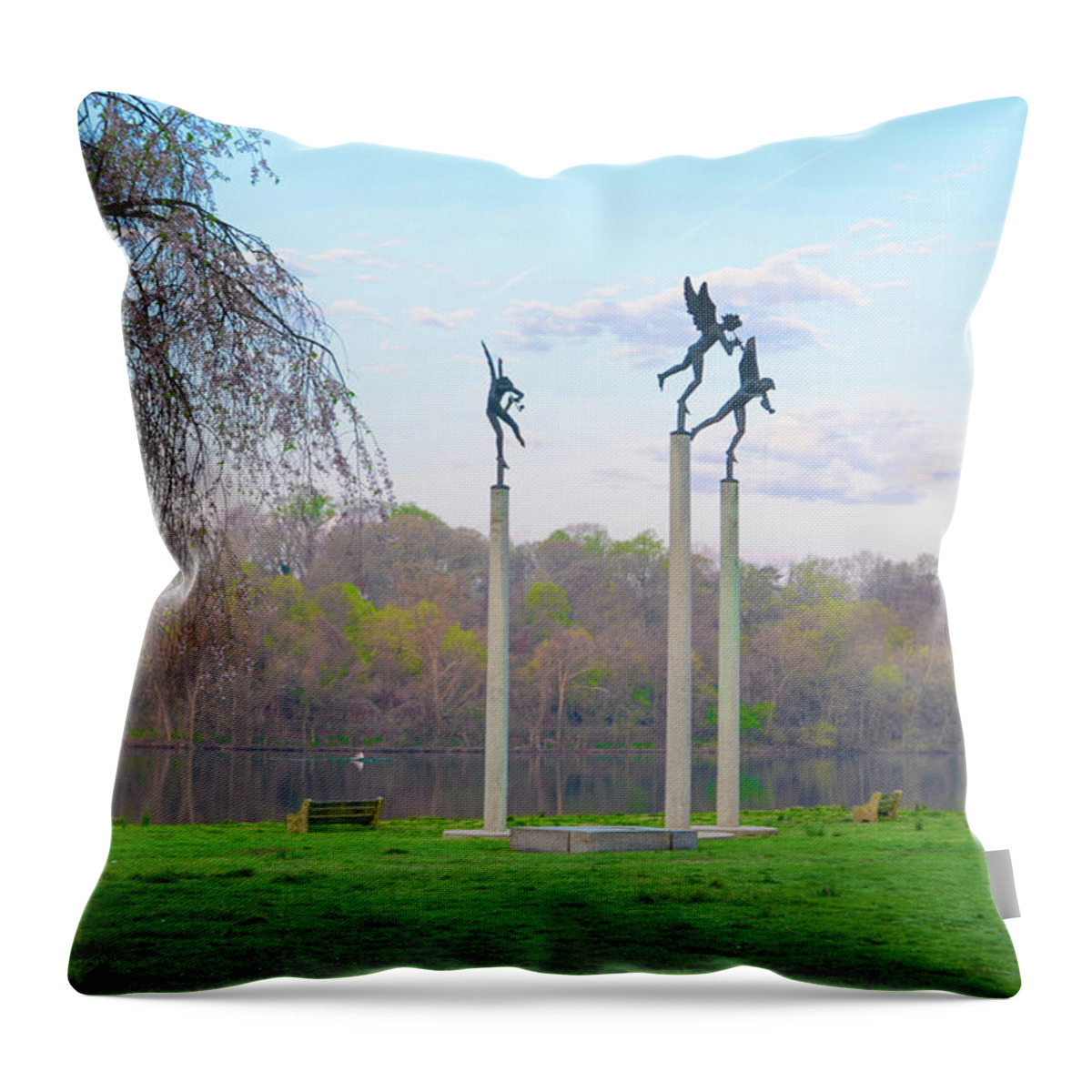 Three Throw Pillow featuring the photograph Three Angels in Spring - Kelly Drive Philadelphia by Bill Cannon
