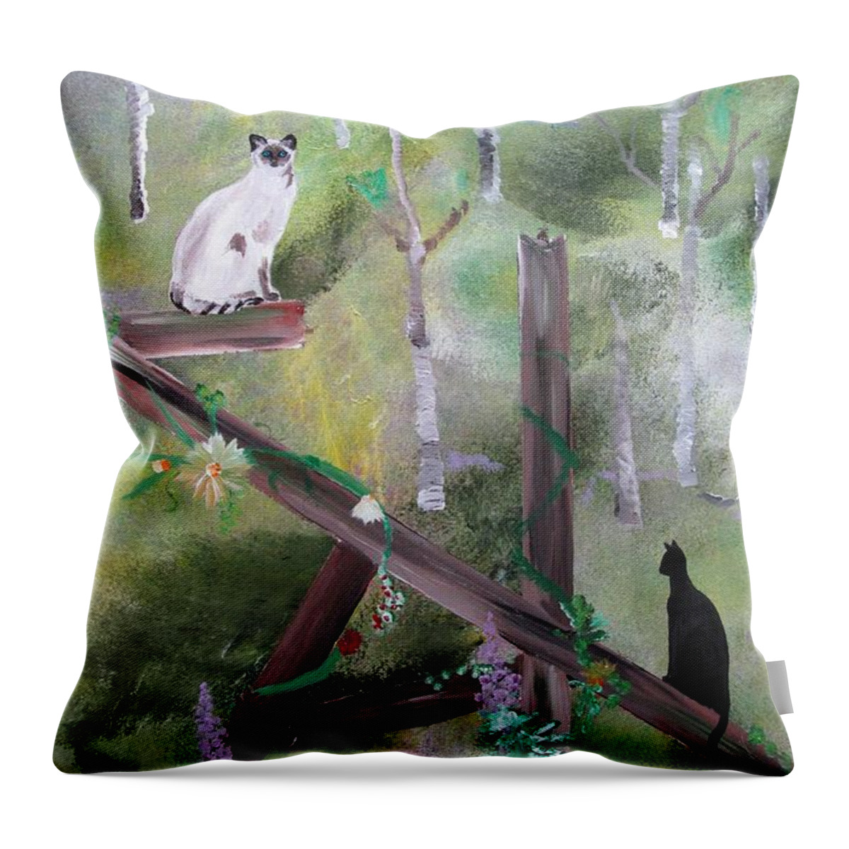 Siamese Cat Throw Pillow featuring the painting Three Cats in the Yard by Susan Voidets