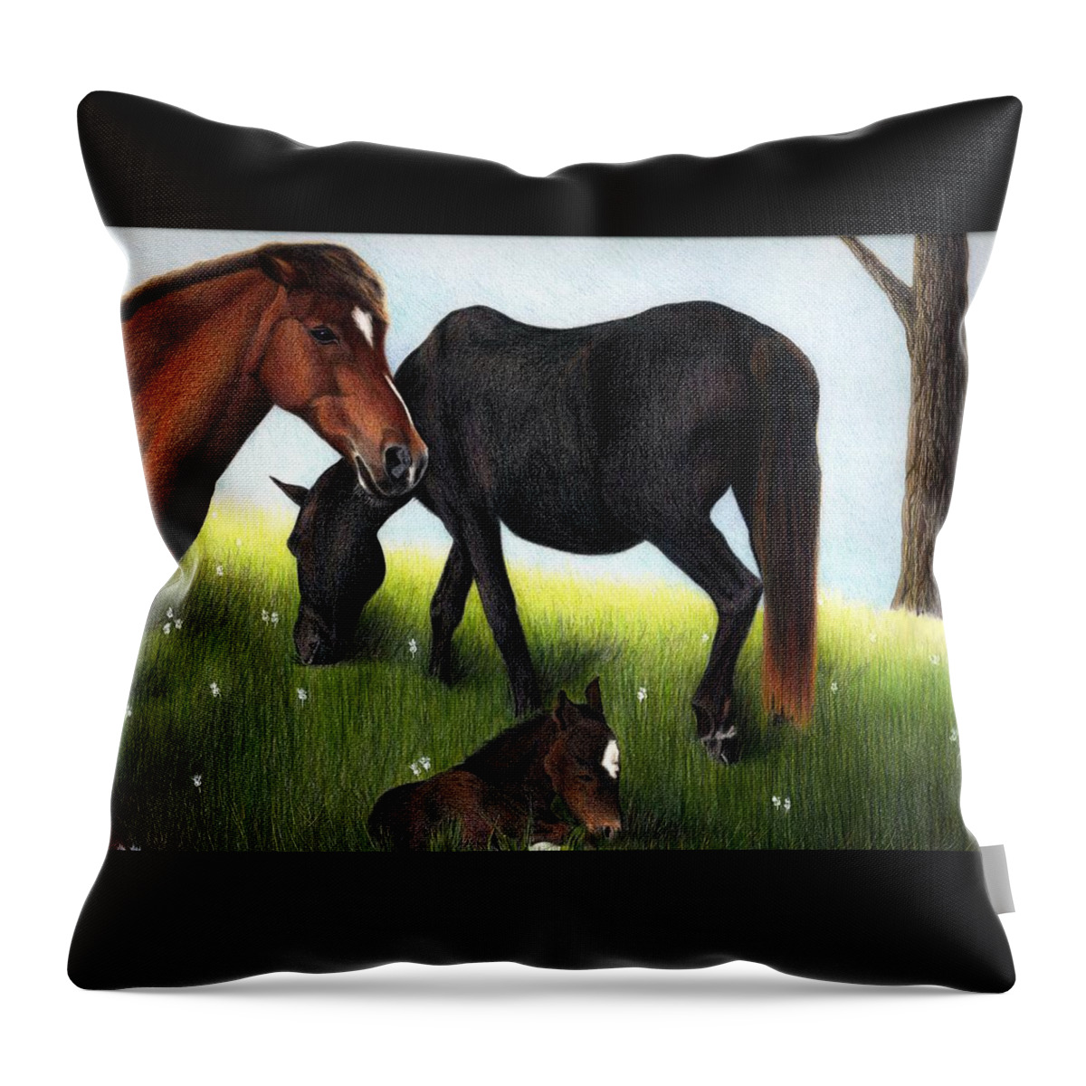 Horses Throw Pillow featuring the drawing Three Horses by Danielle R T Haney