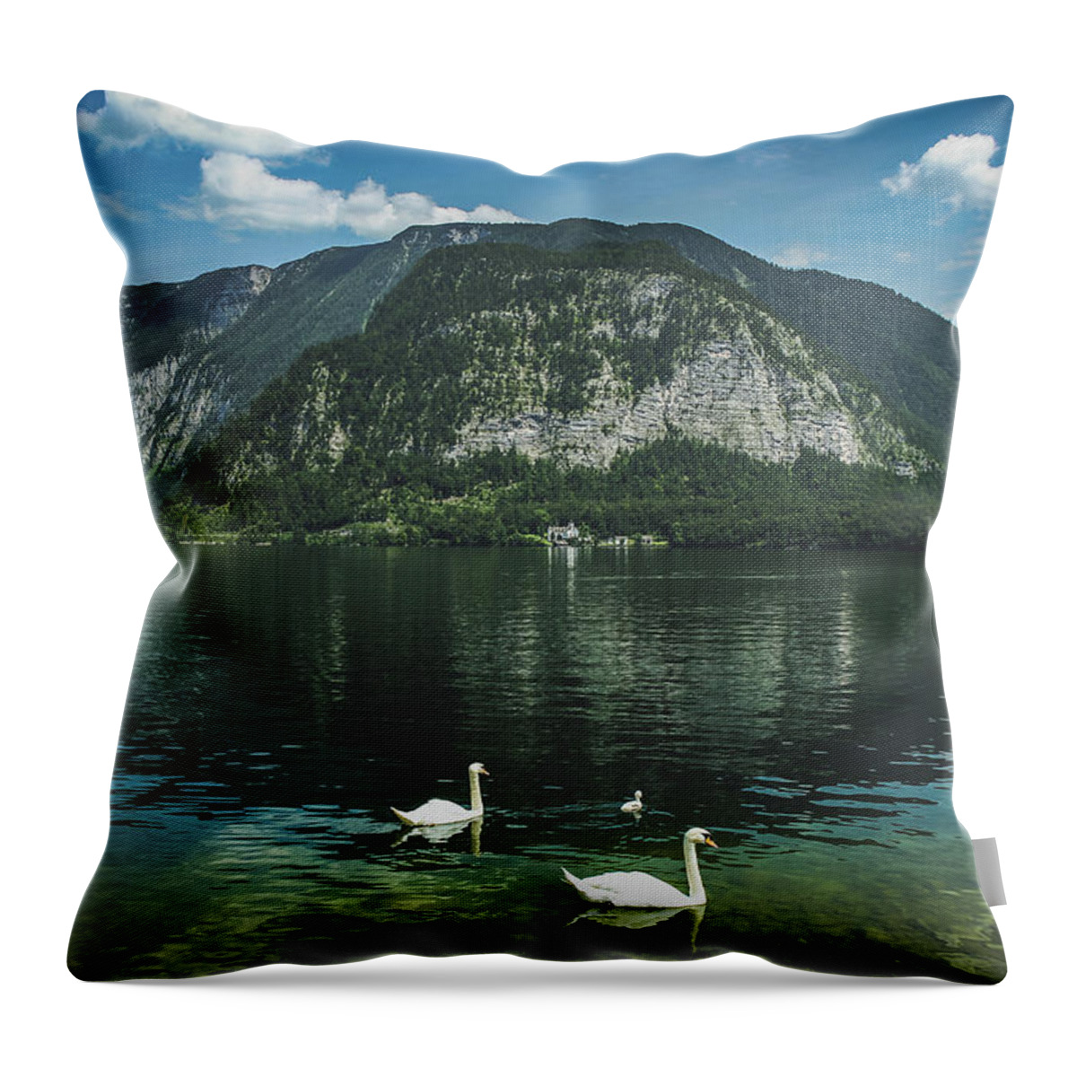 Animal Throw Pillow featuring the photograph Three Lake Hallstatt Swans by Andy Konieczny