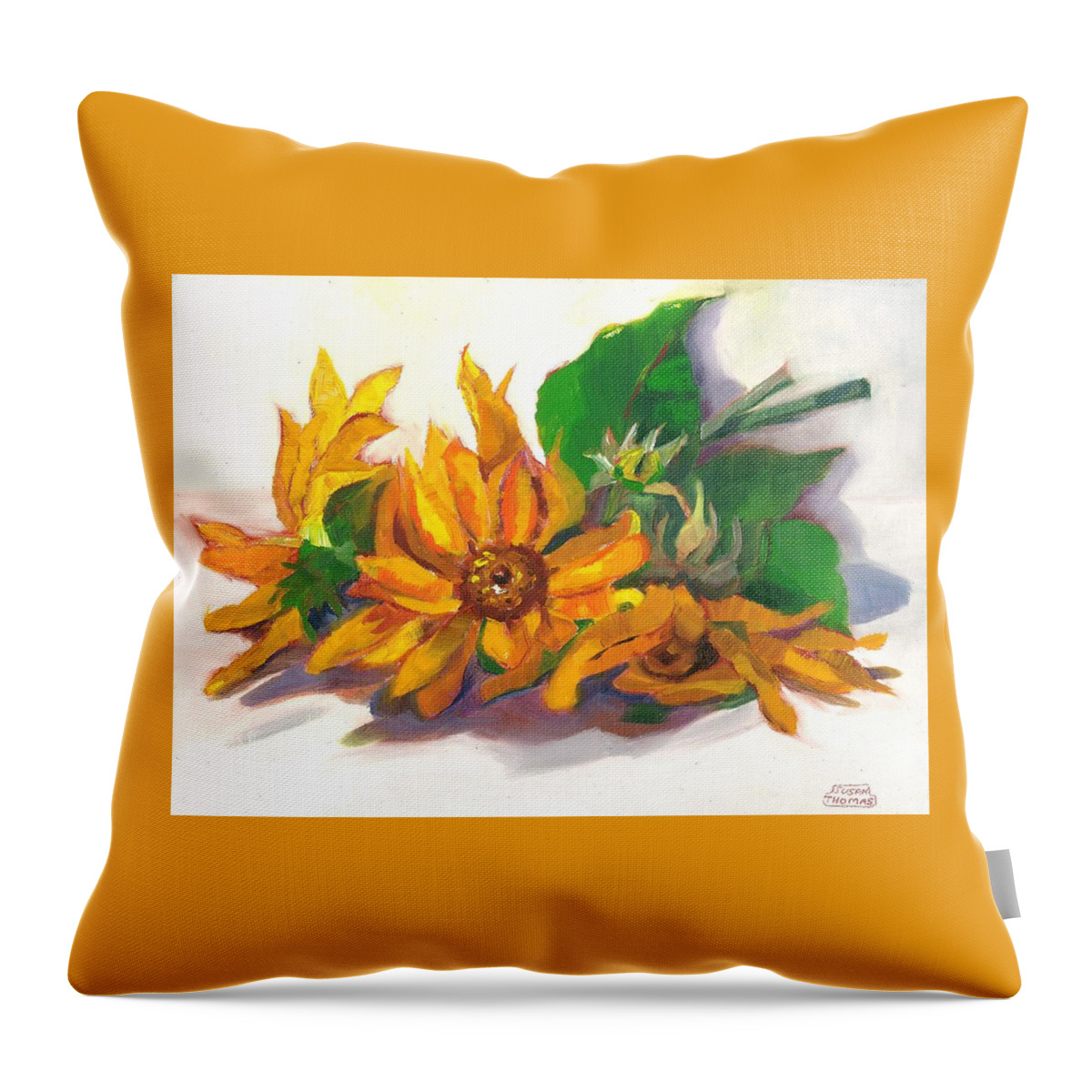 Sunflowers Throw Pillow featuring the painting Three Sunflowers by Susan Thomas