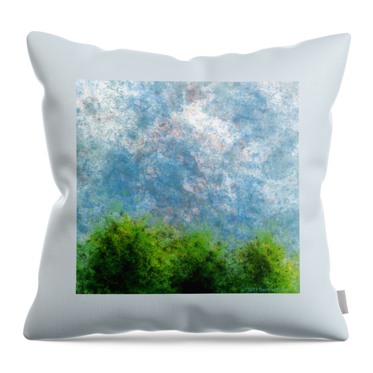 Bonnie Follett Throw Pillow featuring the digital art Three Trees with Clouds original by Bonnie Follett
