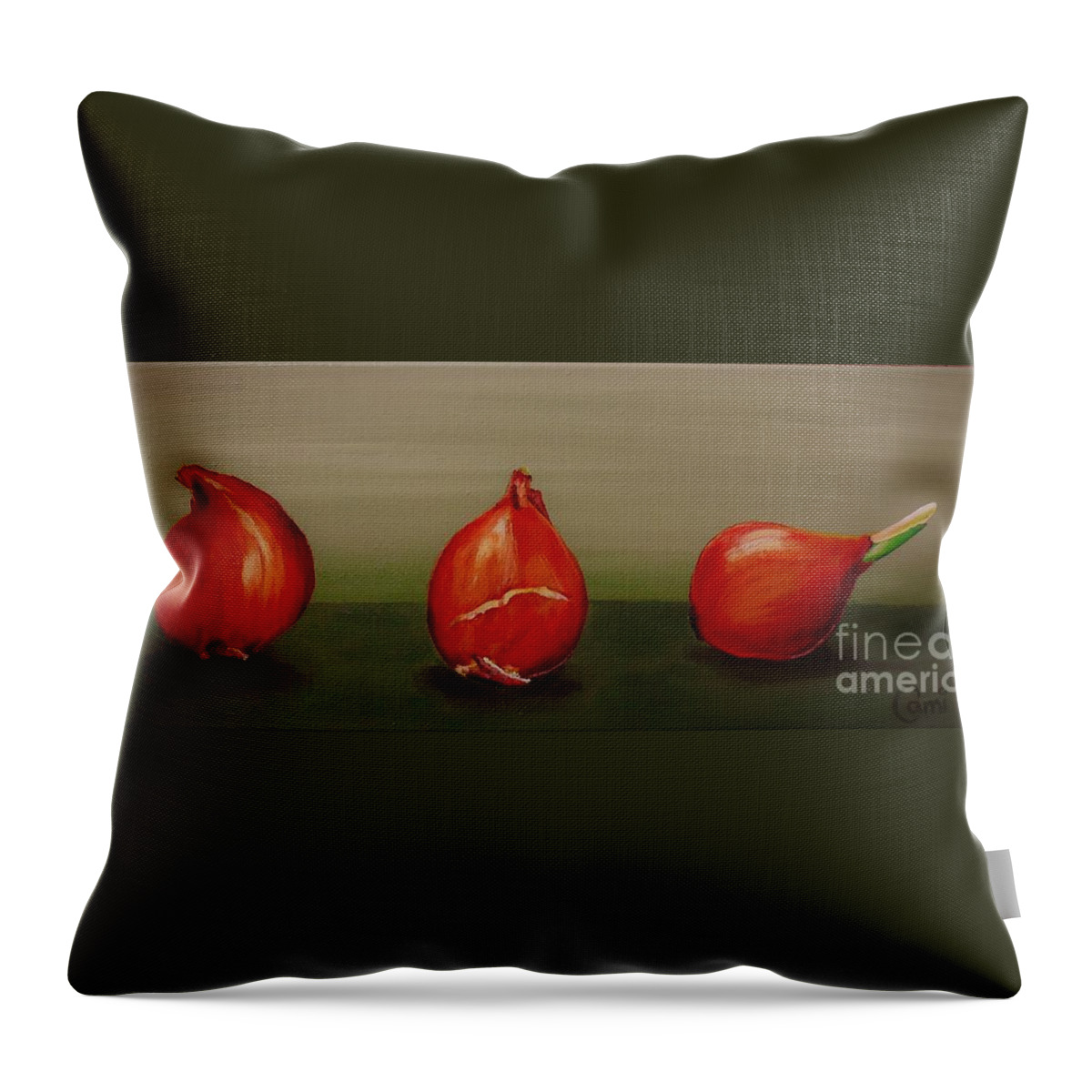 Tulip Bulbs Throw Pillow featuring the painting Three Tulip Bulbs by Cami Lee