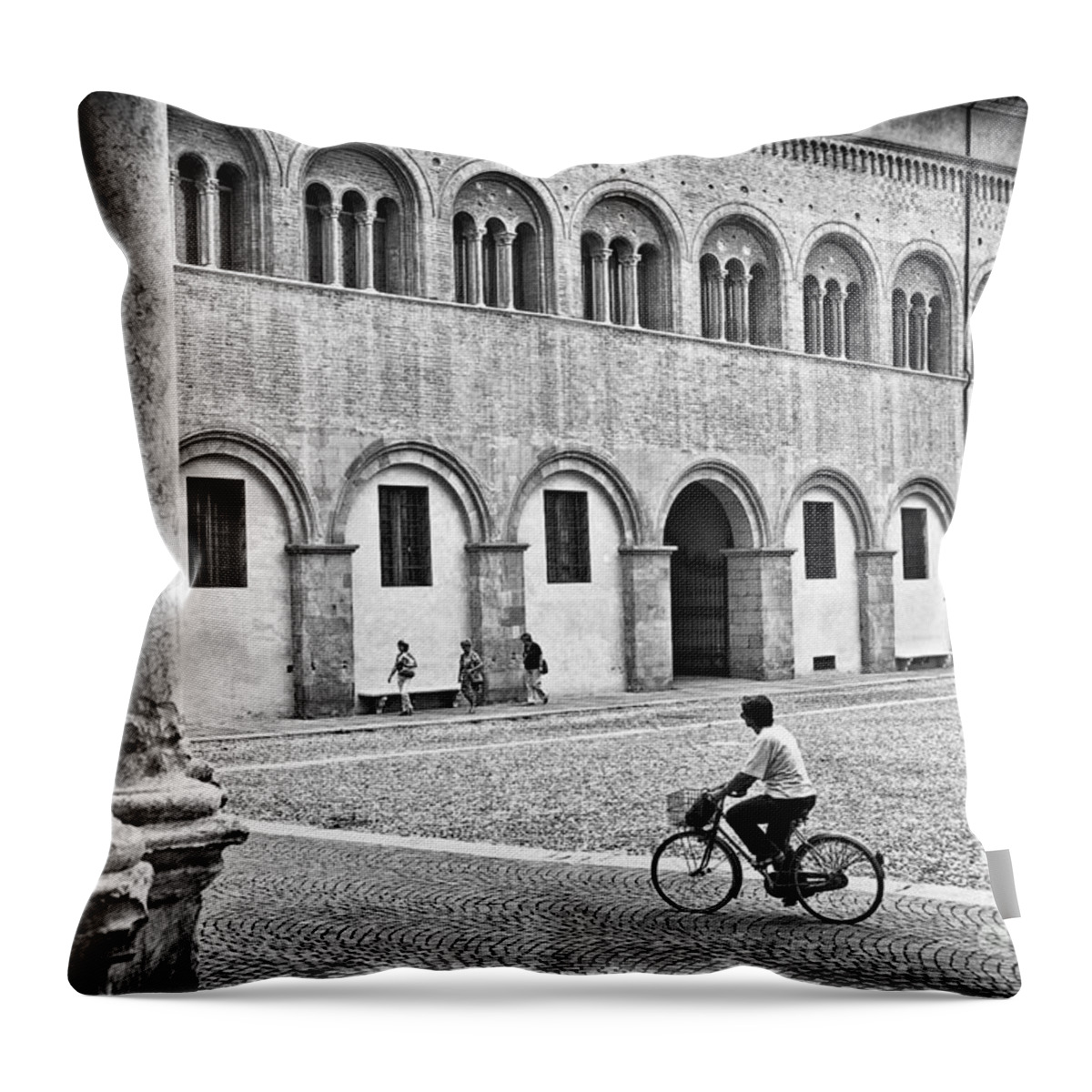 Black And White Throw Pillow featuring the photograph Three walking one biking by Silvia Ganora
