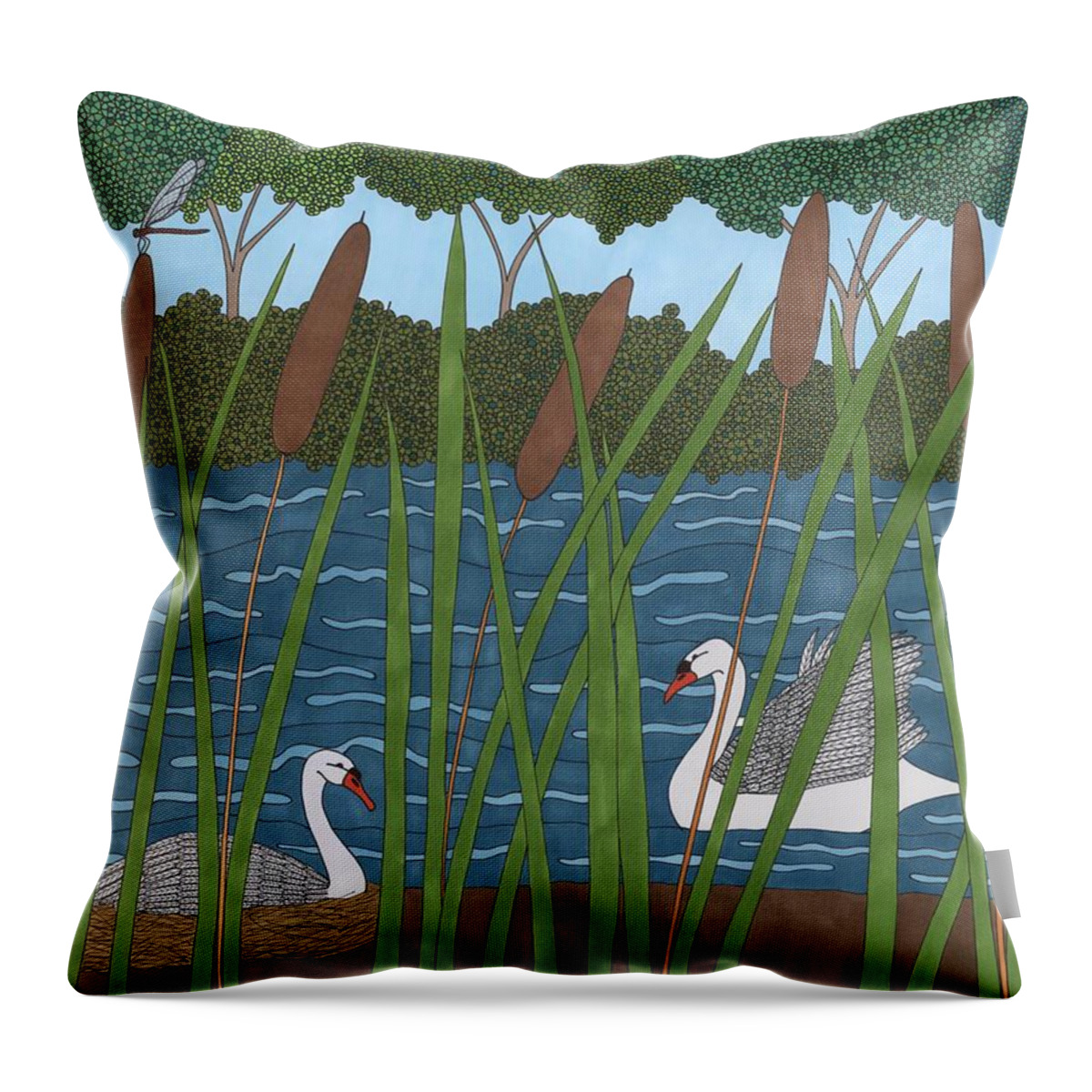 Swan Throw Pillow featuring the drawing Through the Cattails by Pamela Schiermeyer