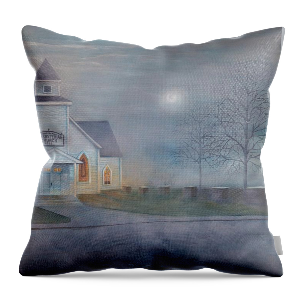 Church Throw Pillow featuring the painting Through the Fog by Teresa Fry
