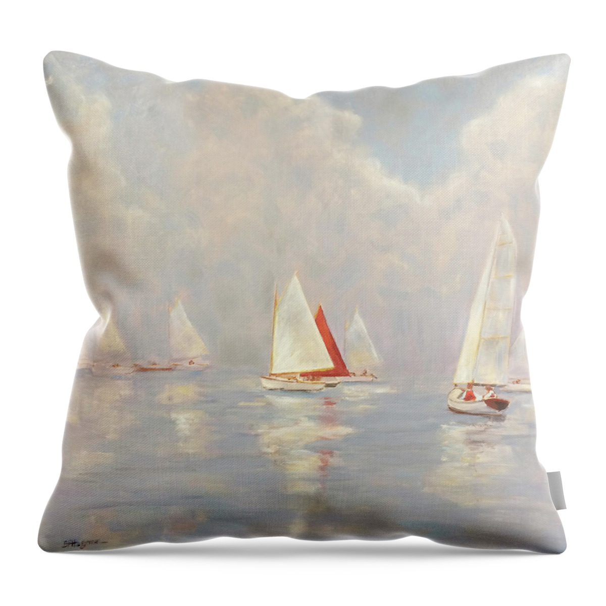 Catboats Throw Pillow featuring the painting Through The Mist by Barbara Hageman
