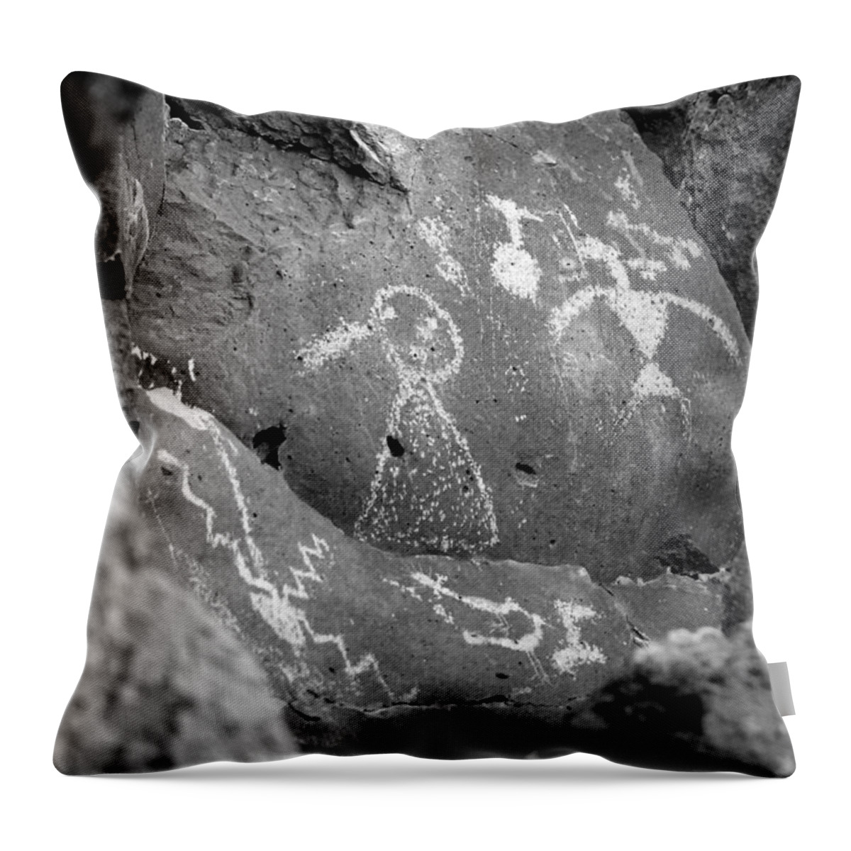 Petroglyphs Throw Pillow featuring the photograph Thunderbird with Girl in Calico Dress b/w by Glory Ann Penington