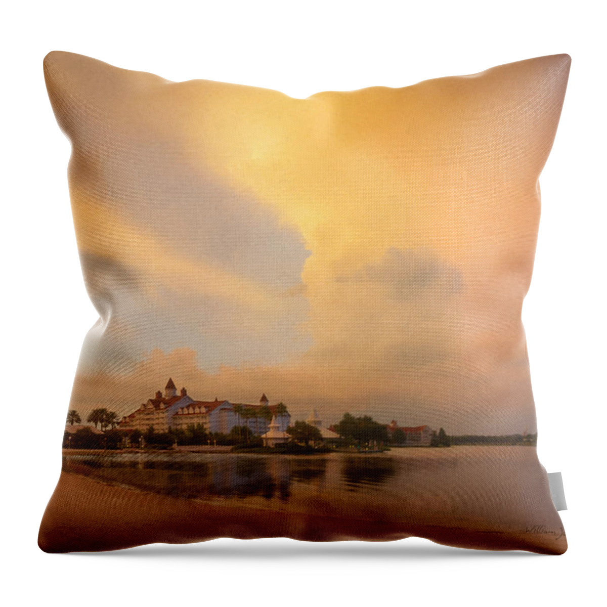 Disney Throw Pillow featuring the painting Thunderstorm over Disney Grand Floridian Resort by Bill McEntee