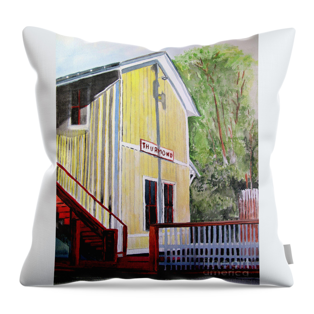 Thurmond Throw Pillow featuring the painting Thurmond WV Train Station by Sandy McIntire