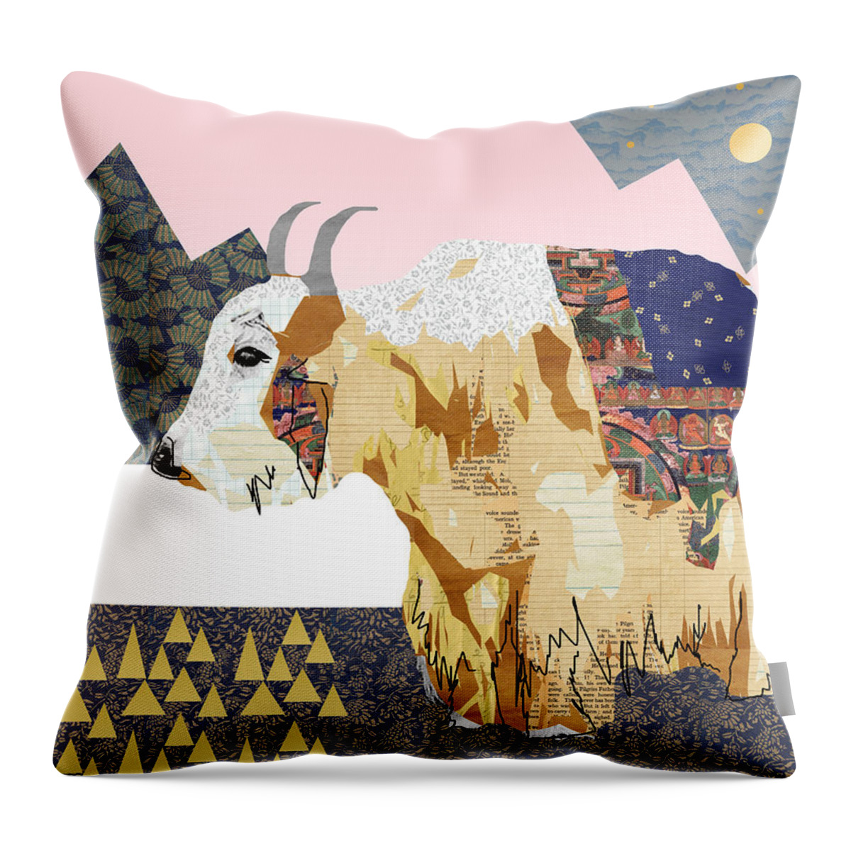 Tibet Throw Pillow featuring the mixed media Tibet Yak Collage by Claudia Schoen