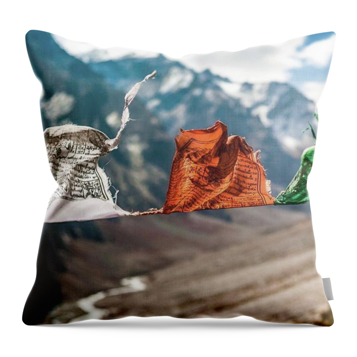 Throw Pillow featuring the photograph Tibetan Flags Blowing In The Wind by Aleck Cartwright