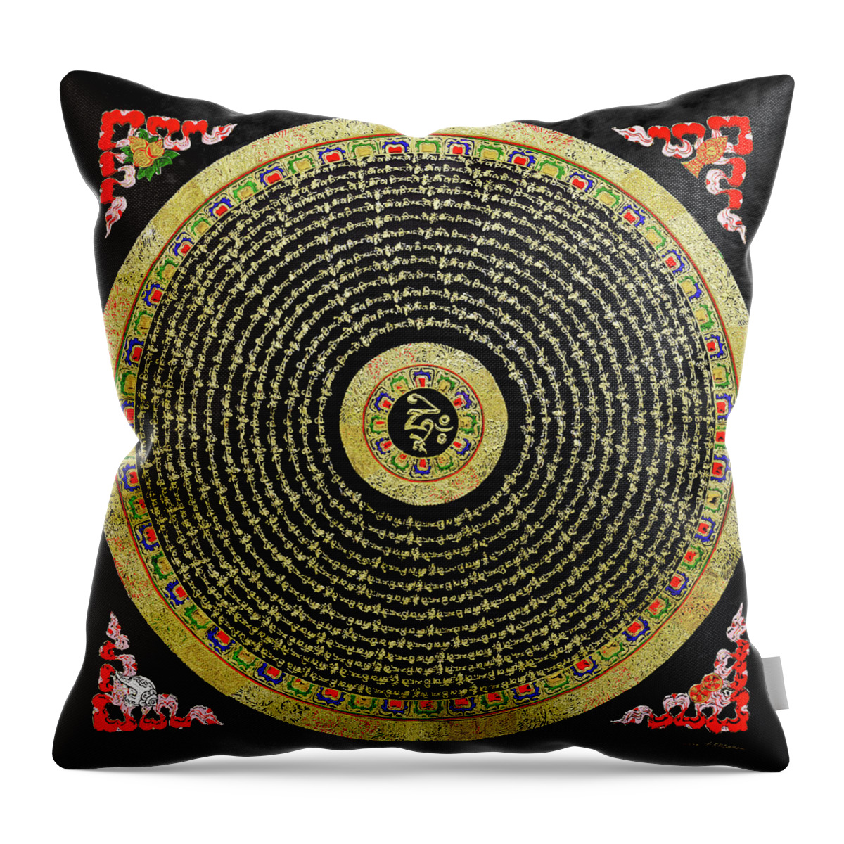 'treasures Of Tibet' Collection By Serge Averbukh Throw Pillow featuring the digital art Tibetan Thangka - Om Mandala with Syllable Mantra over Black by Serge Averbukh