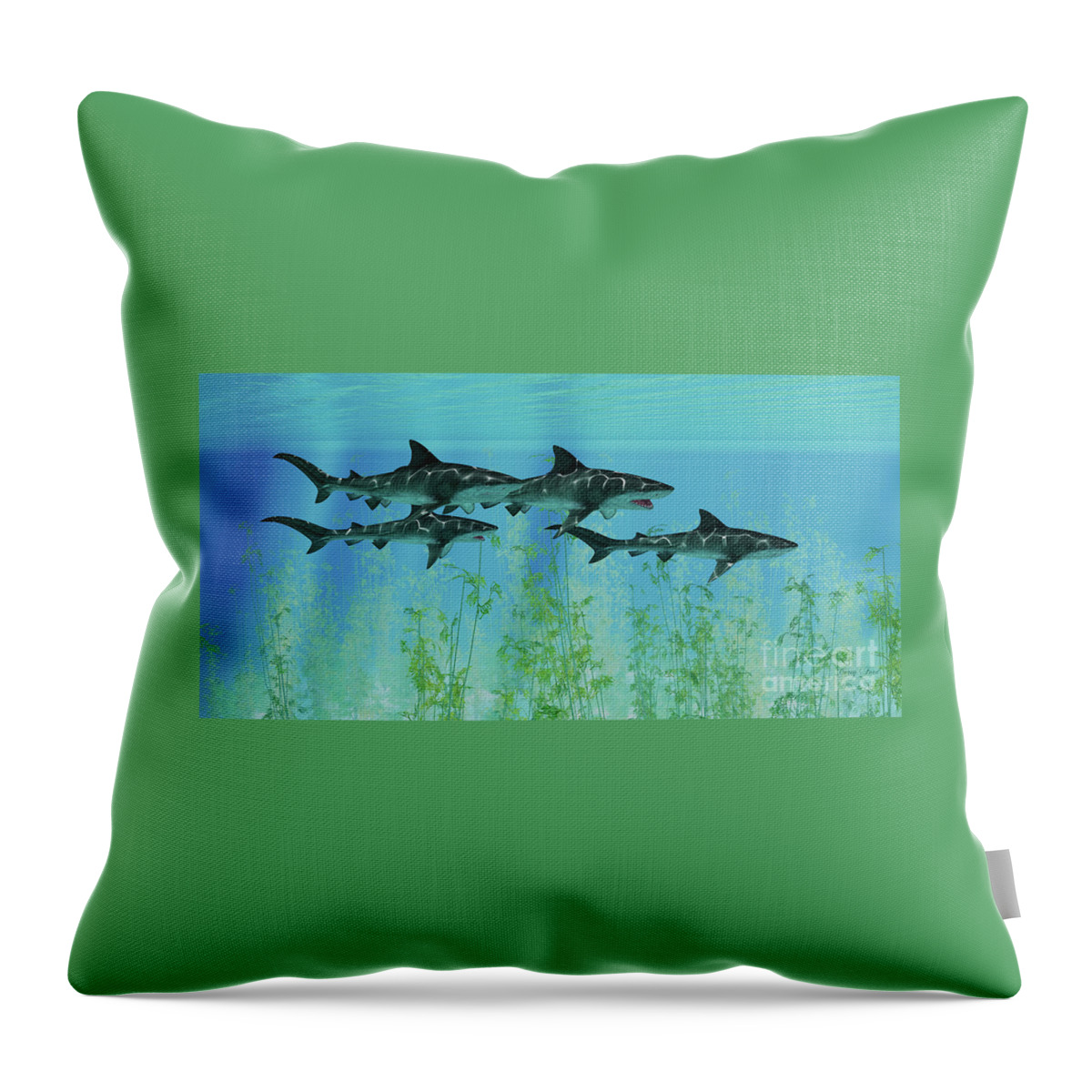 Tiger Shark Throw Pillow featuring the digital art Tiger Sharks prowl the Ocean by Corey Ford