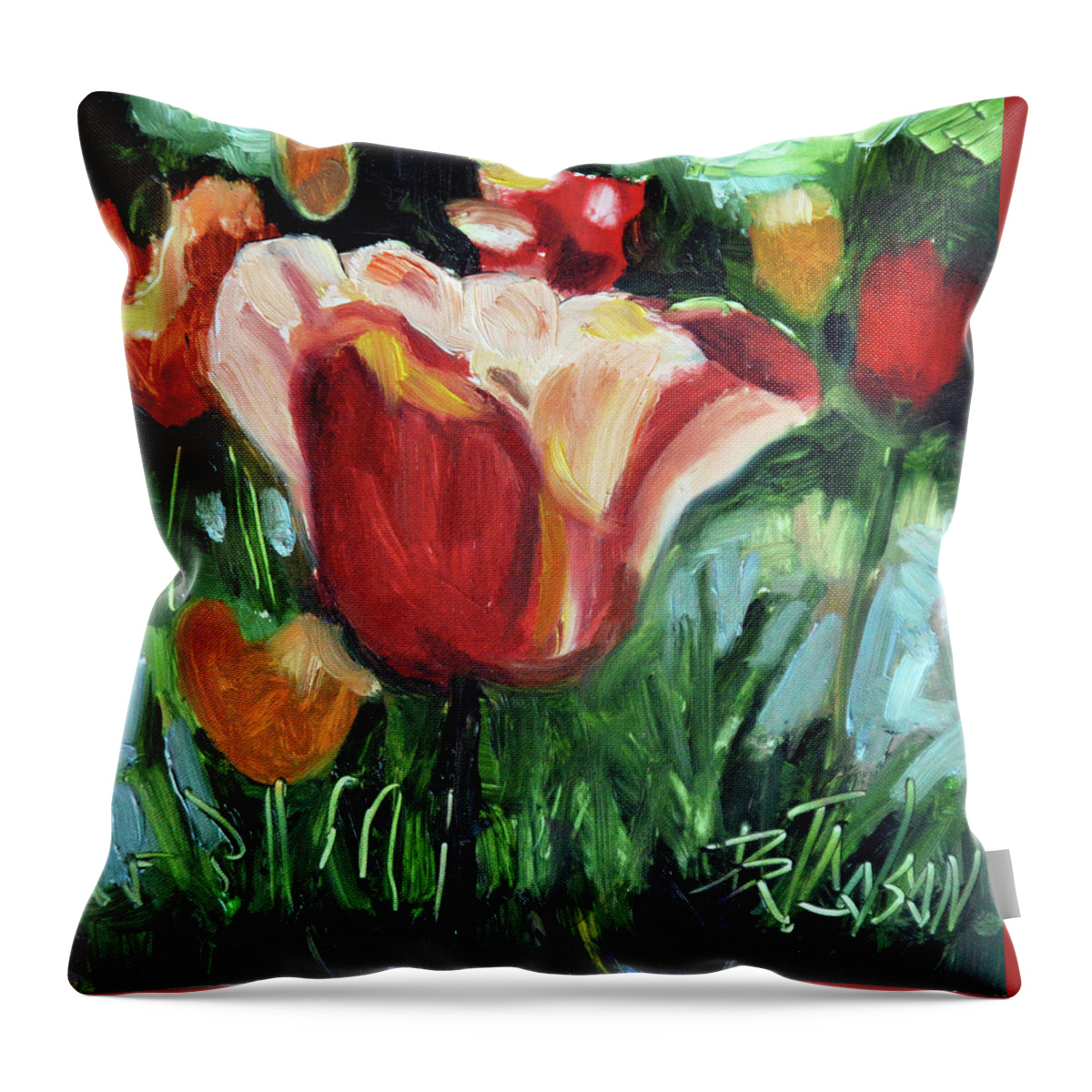 Tulips Throw Pillow featuring the painting Tip Toe Thru the Tulips by Billie Colson