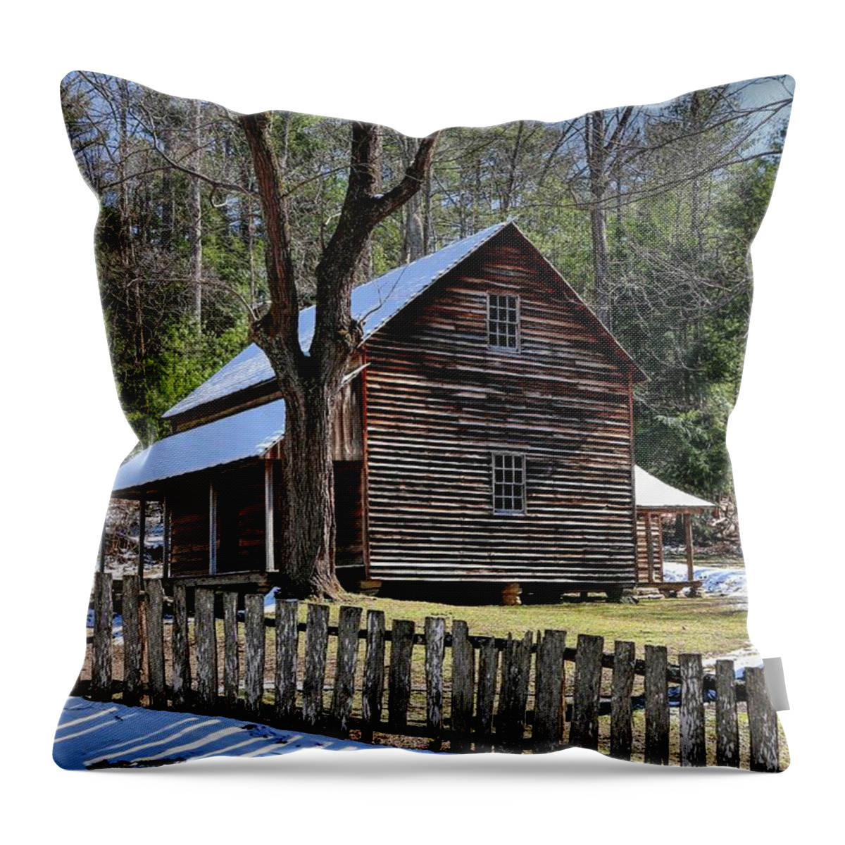 Great Smoky Mountains Throw Pillow featuring the photograph Tipton Cabin Cades Cove In The Great Smoky Mountains National Park by Carol Montoya